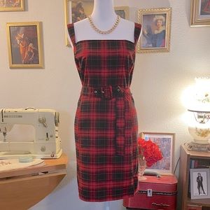 H&M Divided red plaid tank dress with belt XL